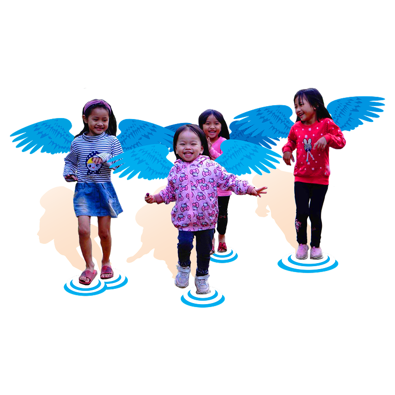 Visual pun of children 'taking flight'.