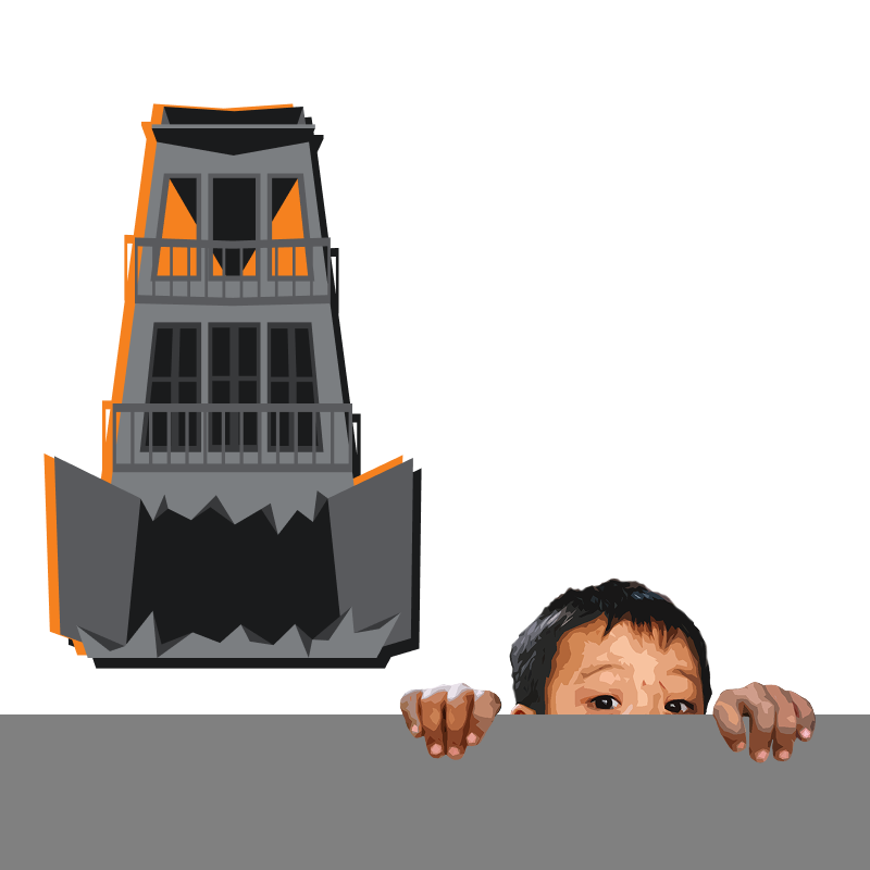 Personified 'tube house' to represent an abusive household and environment.