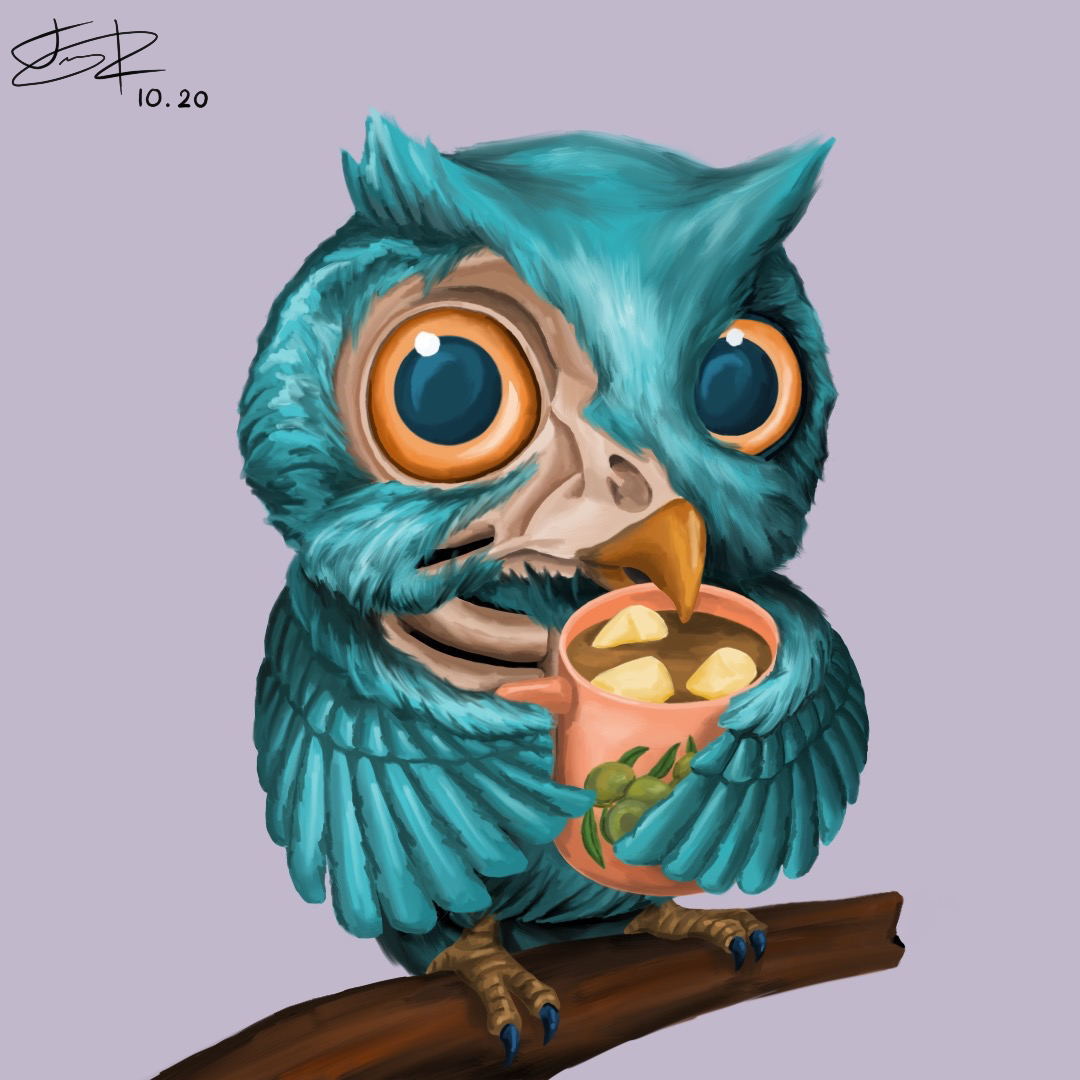 Digital drawing of an owl holding a mug of hot chocolate.