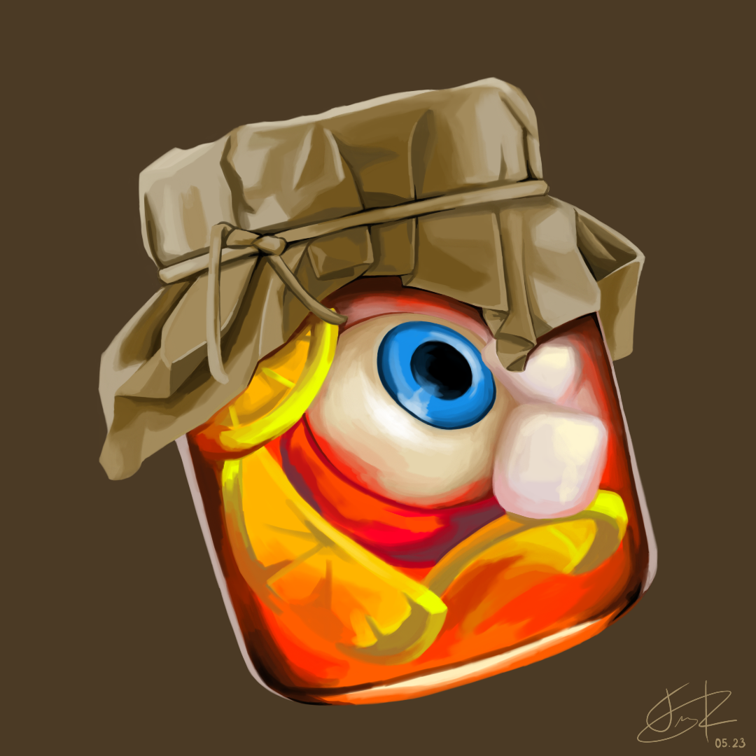 Digital drawing of an eye in a jar with lemon slices.