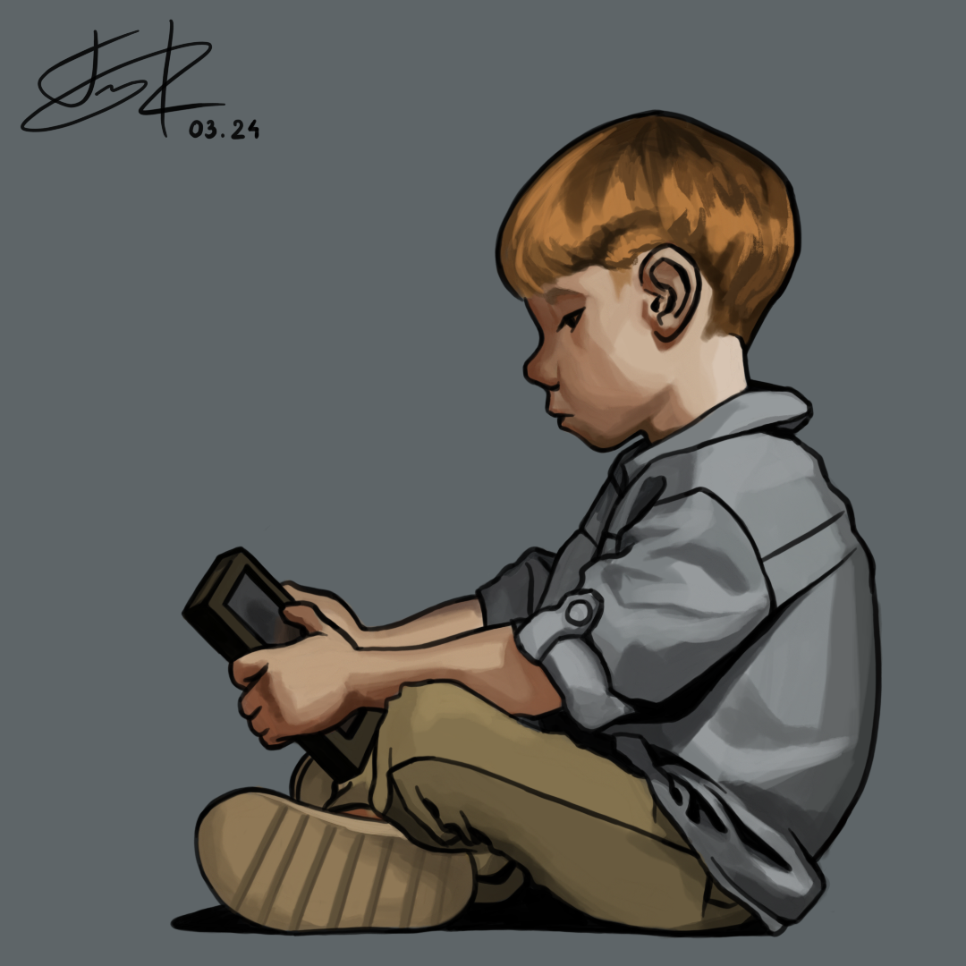 Digital drawing of a sad boy looking at a framed photo.