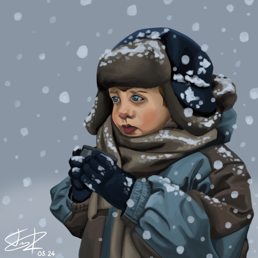 Digital drawing of a person holding a mug in the snow.