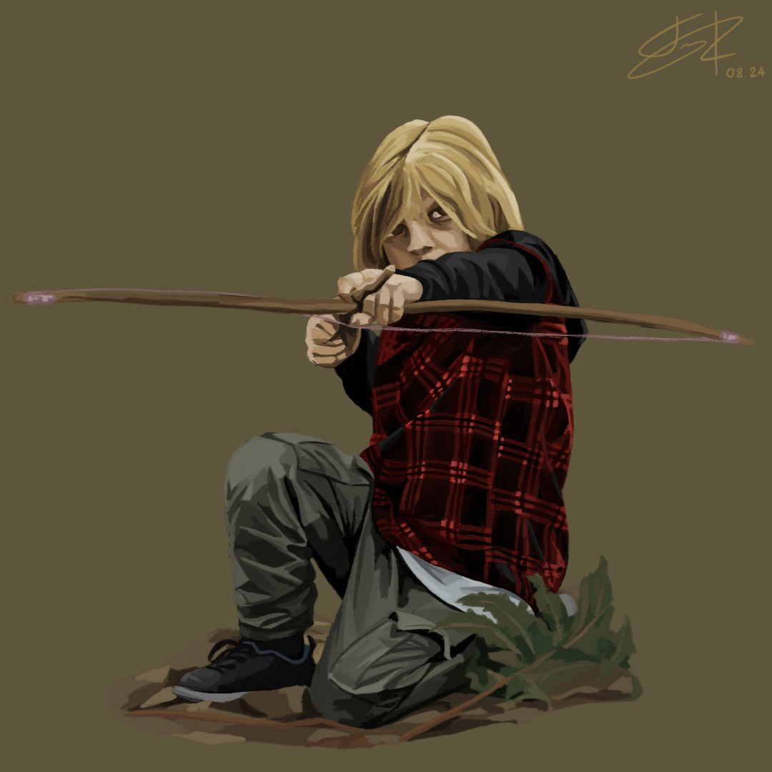 Digital drawing of a boy aiming a bow.