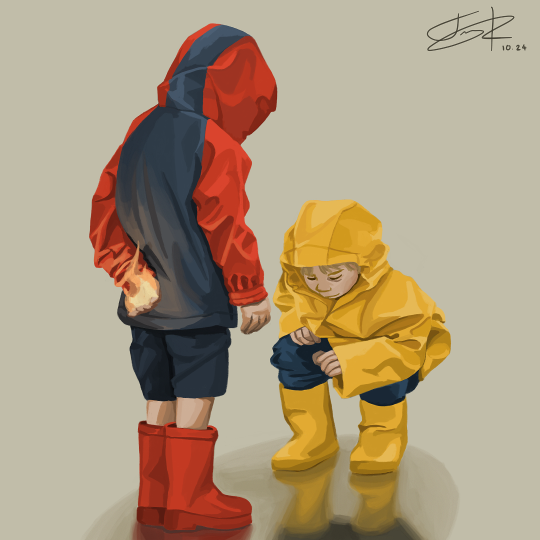 Digital drawing of two kids playing in the rain.