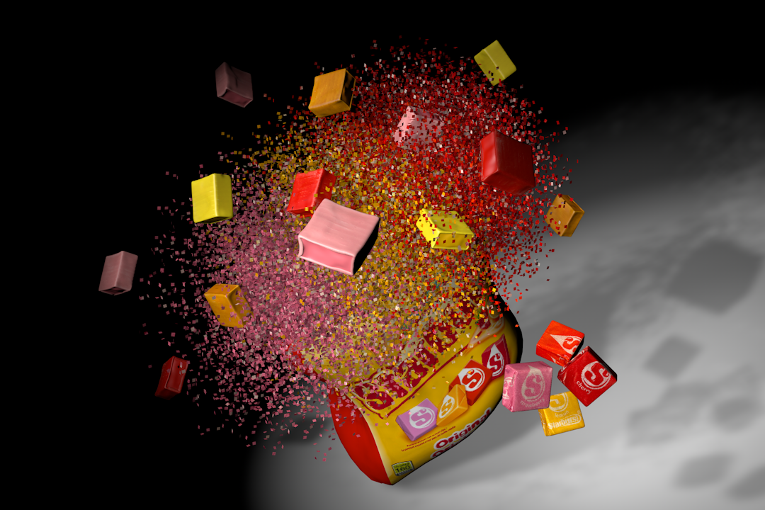 3D model of a Starbust bag with candies flying out from the opening.