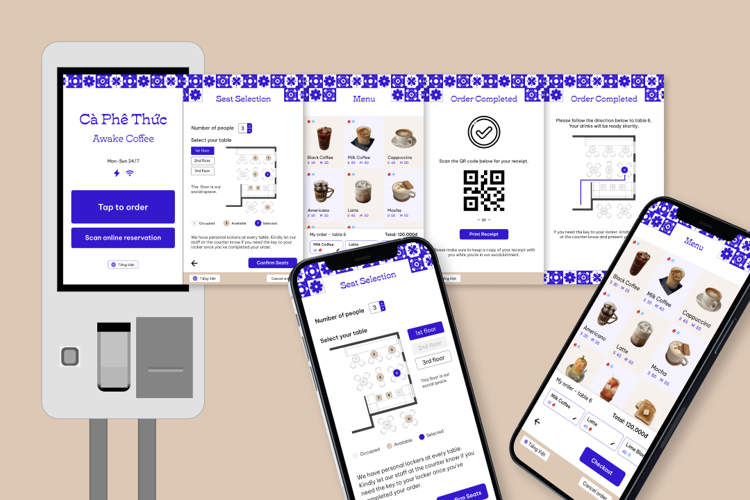 A kiosk mockup and two phones showing the Awake Coffee ordering site.