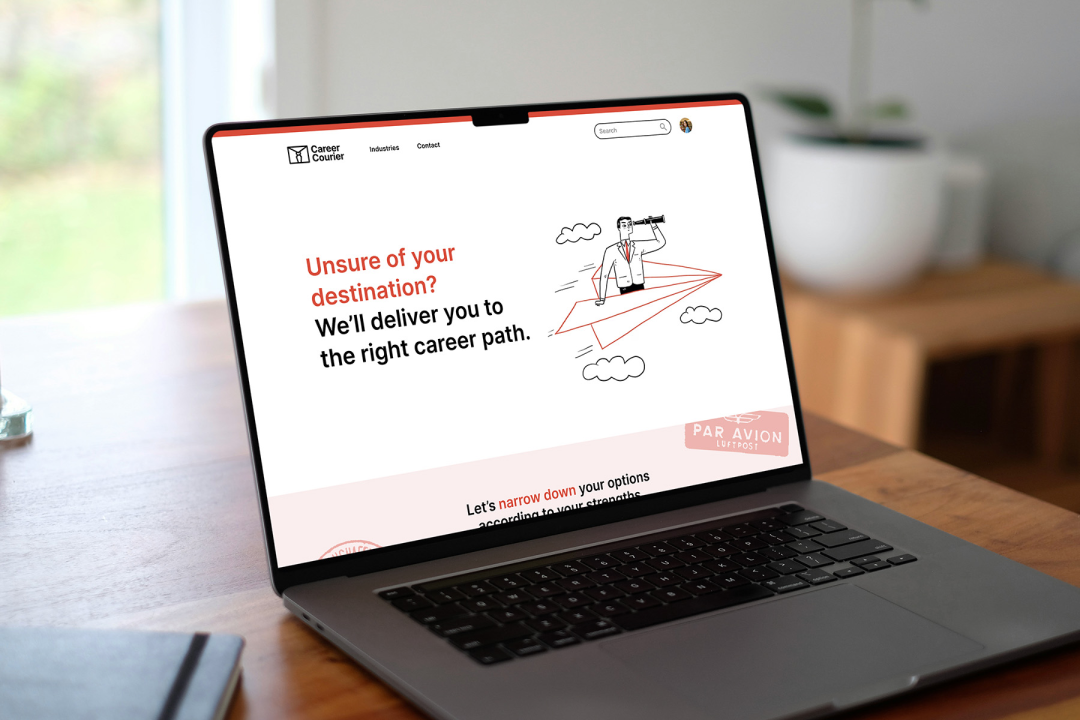 A laptop displays the homepage of the Career Courier website.
