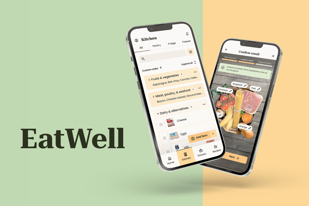 Two phone mockups of the EatWell app.