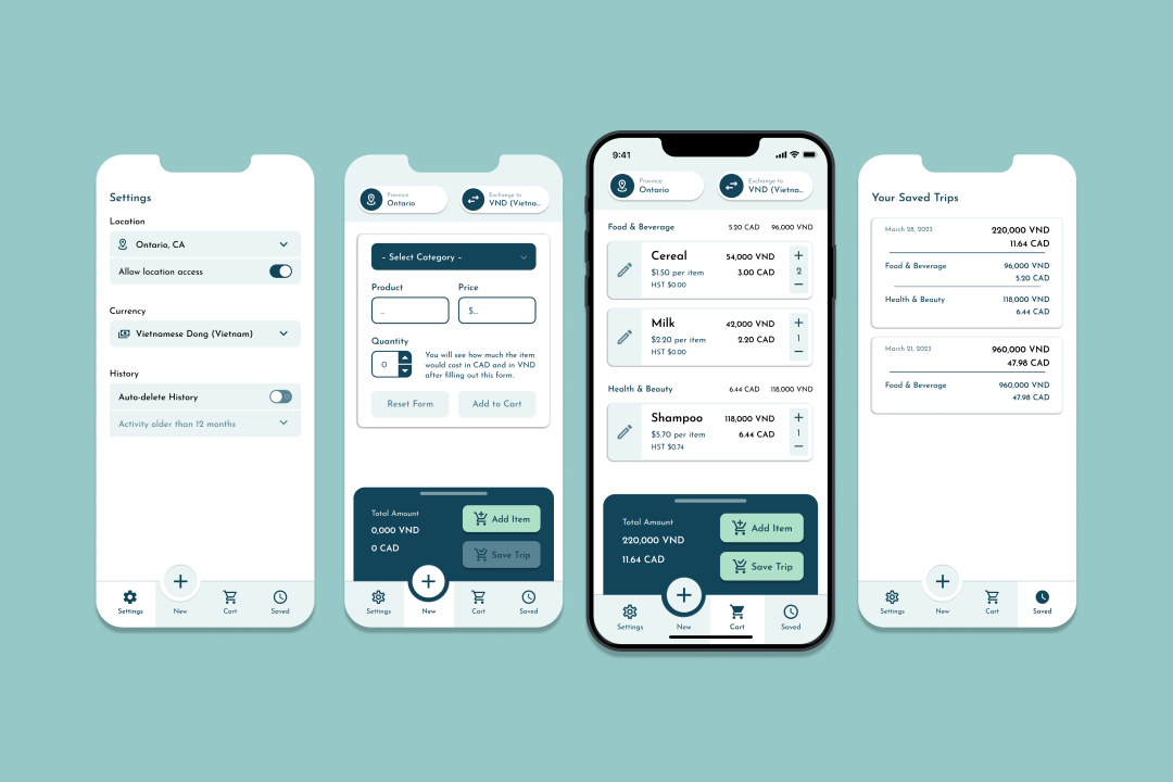 Phone screens showing different features of a shopping calculator app.