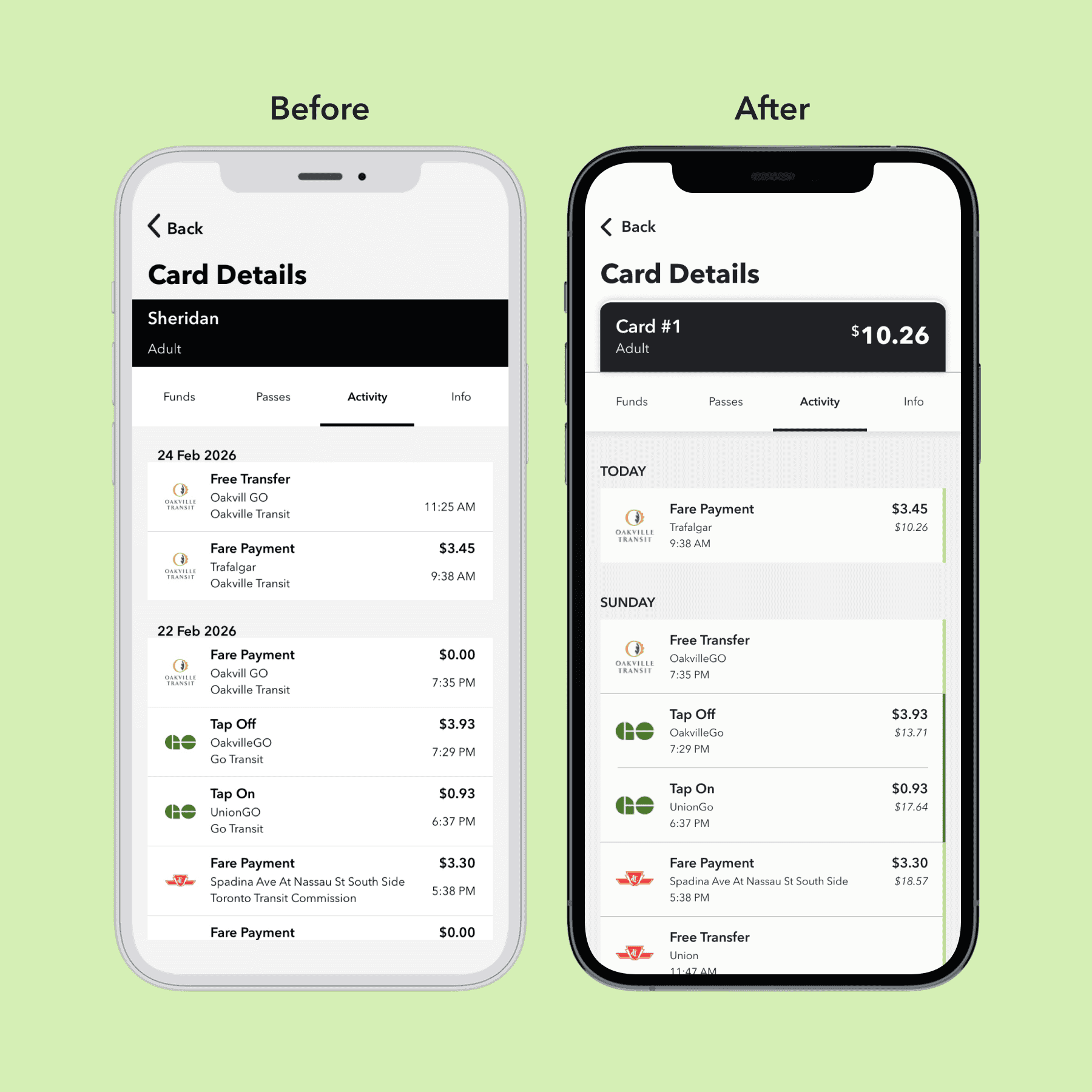 The current UI of the PRESTO app and a redesigned UI to show the balance at the time of each transaction.