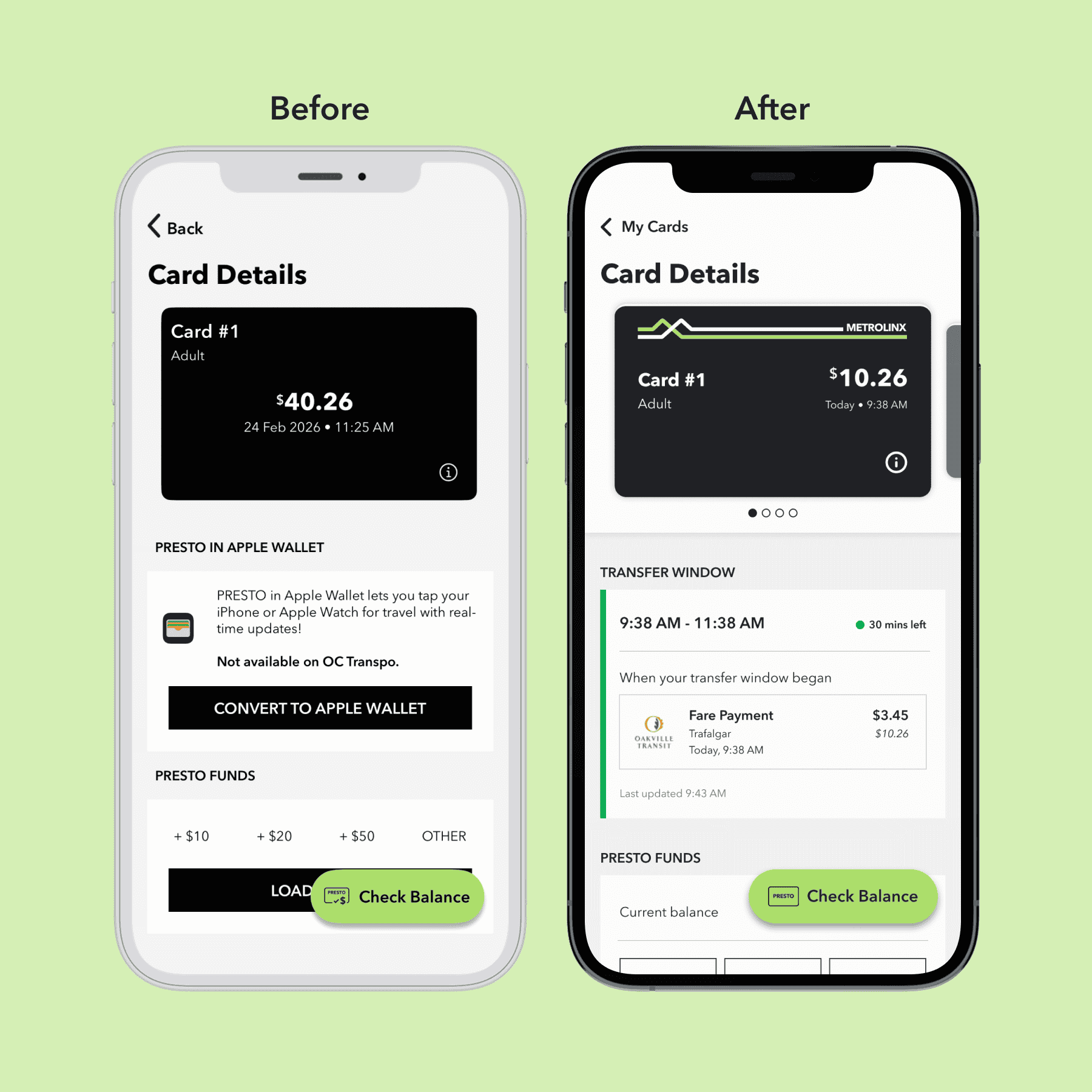 The current UI of the PRESTO app and a redesigned UI to include the transfer window.