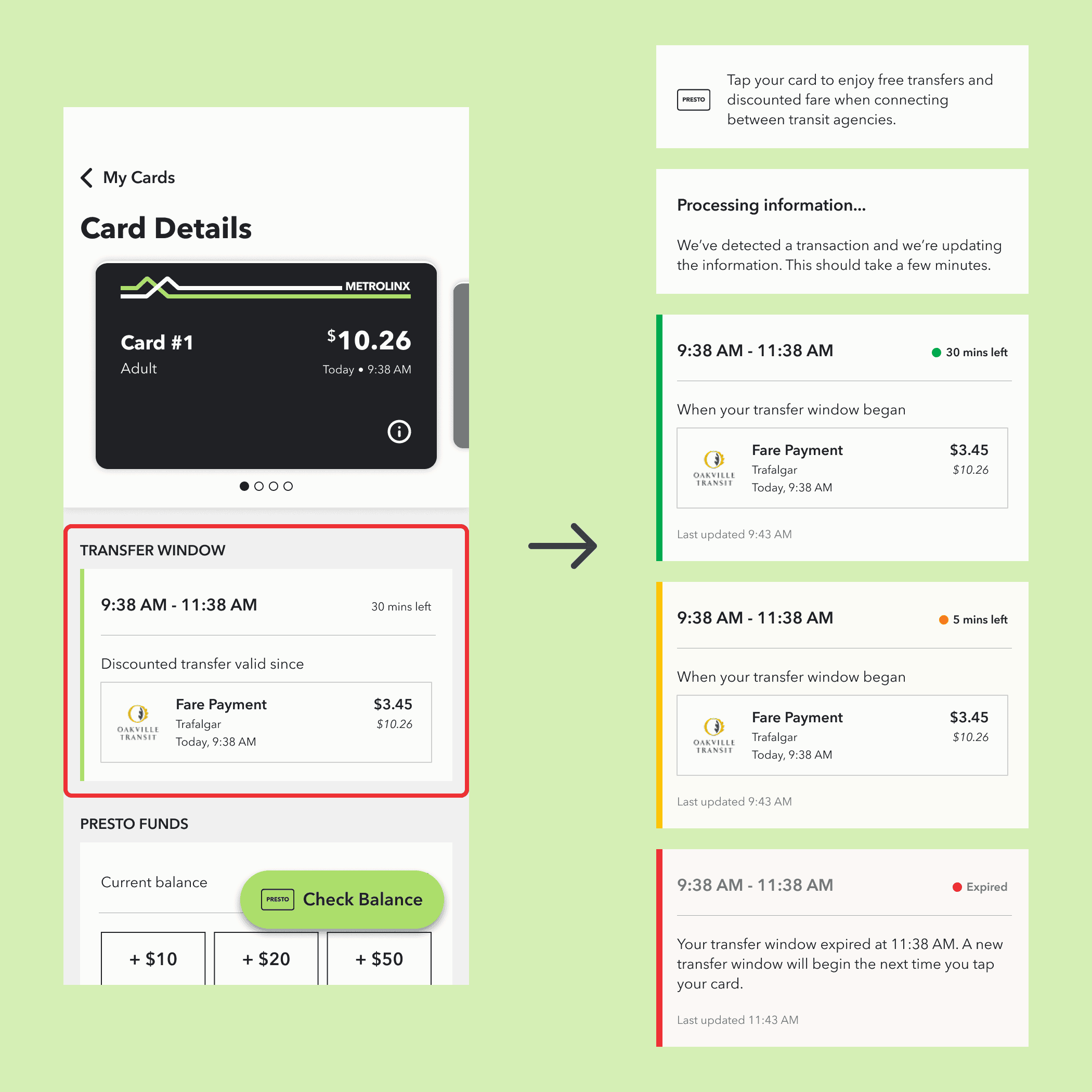The different states of the transfer window design.